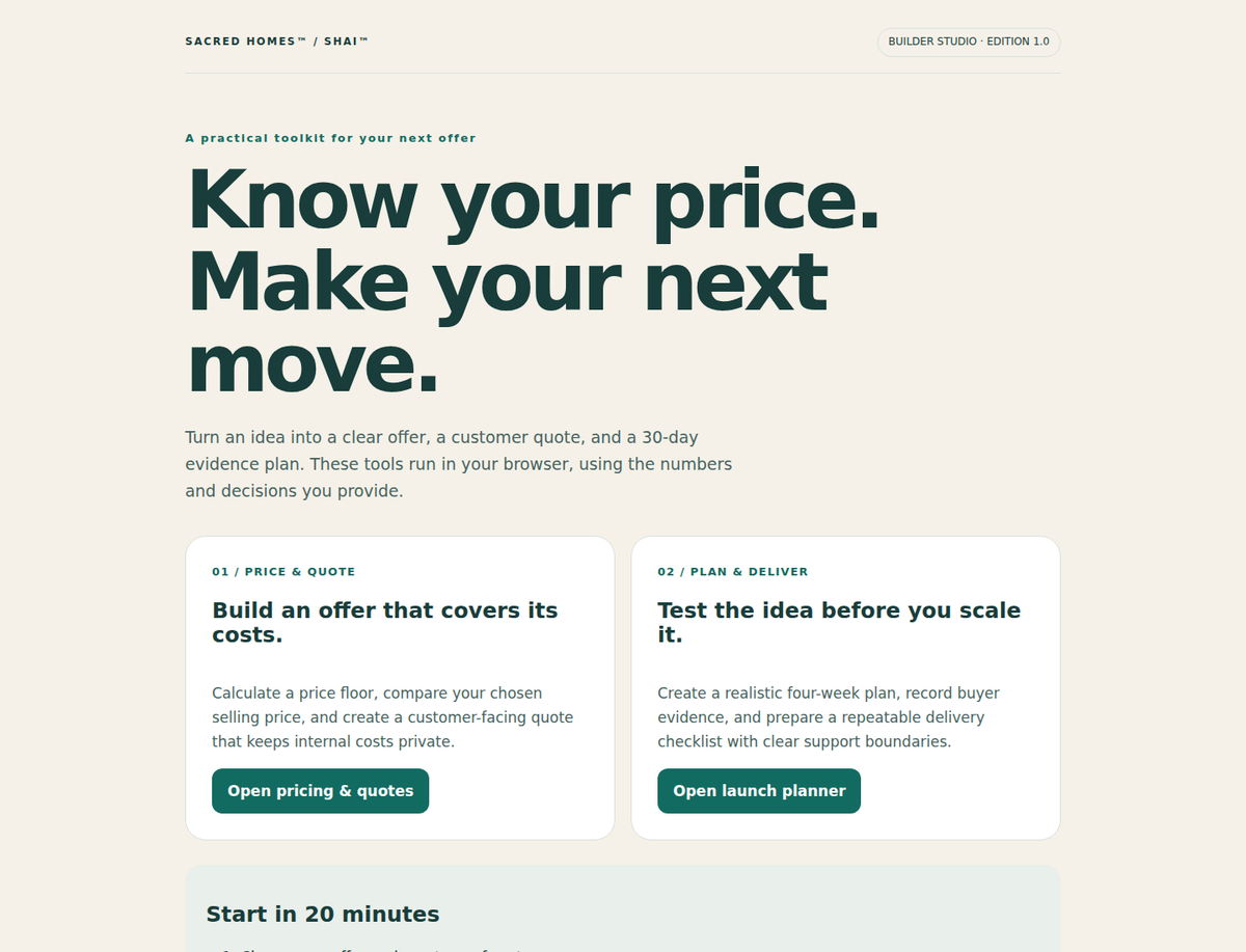 SHAI Builder Studio toolkit: pricing and quotes plus a 30-day launch planner