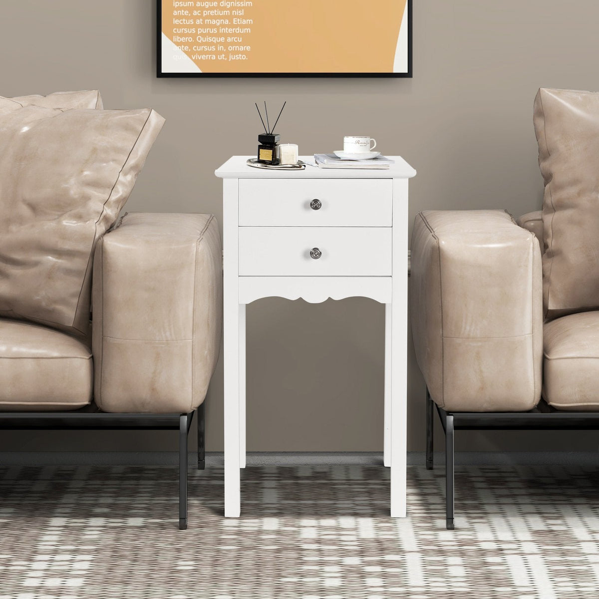 Vintage Style Side Table with 2 Drawers, Tall White Accent Nightstand