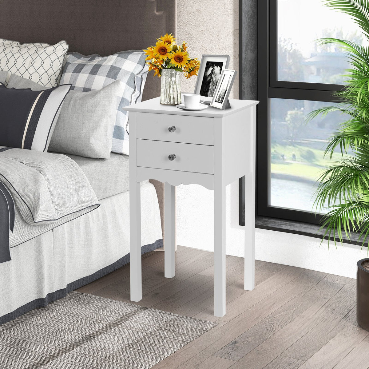 Vintage Style Side Table with 2 Drawers, Tall White Accent Nightstand