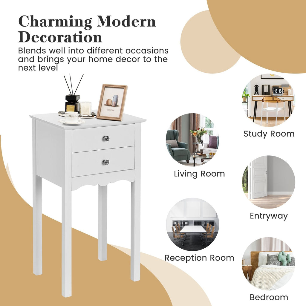 Vintage Style Side Table with 2 Drawers, Tall White Accent Nightstand