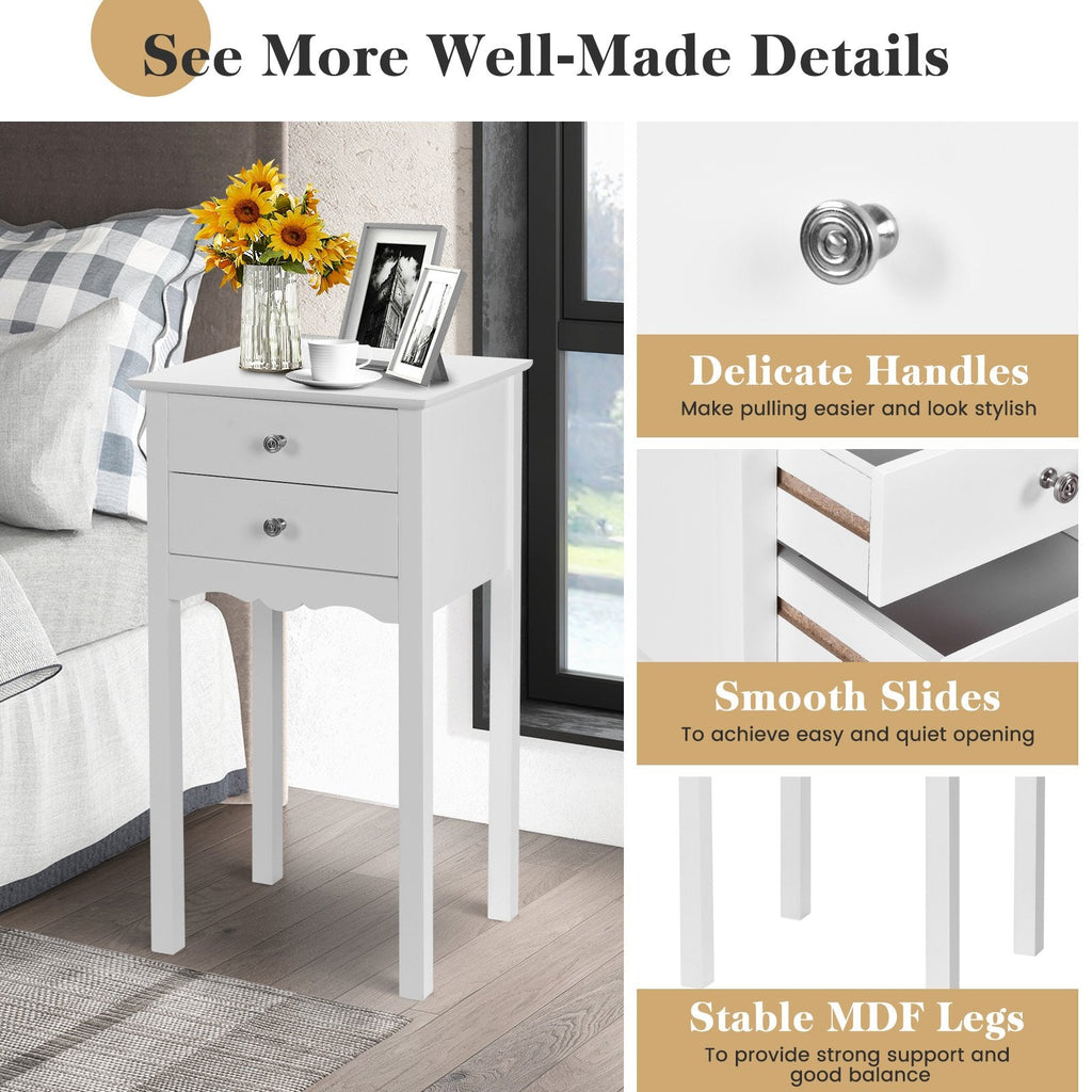 Vintage Style Side Table with 2 Drawers, Tall White Accent Nightstand