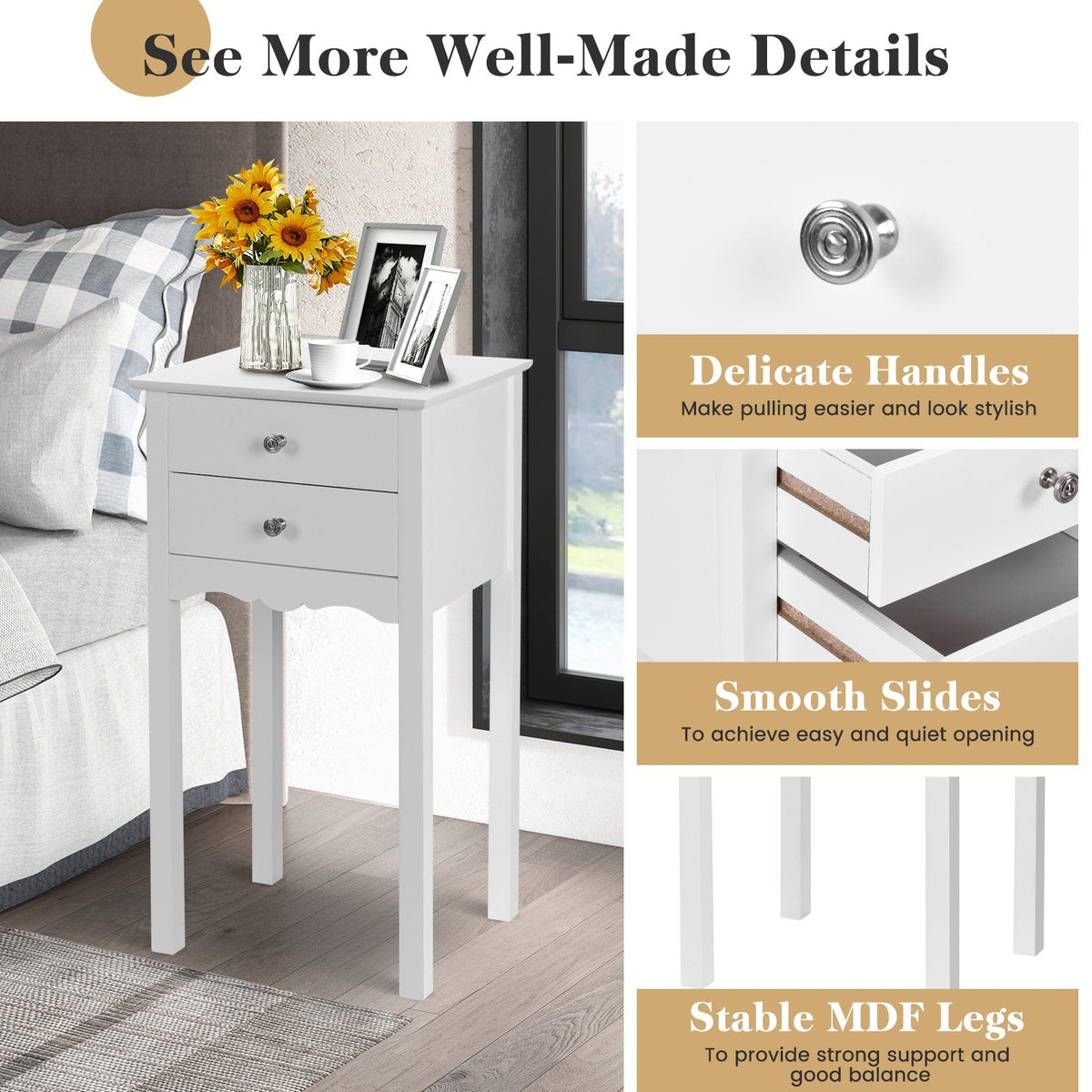 Vintage Style Side Table with 2 Drawers, Tall White Accent Nightstand
