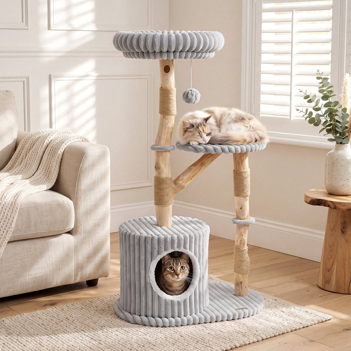 Grey Ribbed Cat Tree 41 Inches with a Round Condo and Branch Platform