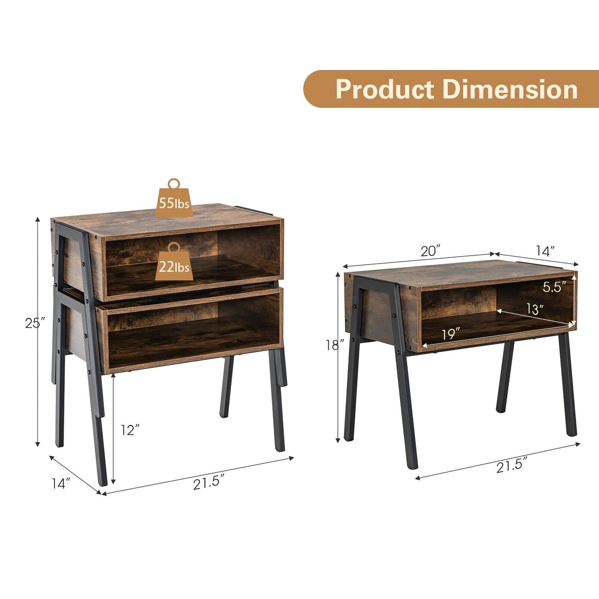 Stackable Night Stand and Accent Table with Metal Frame