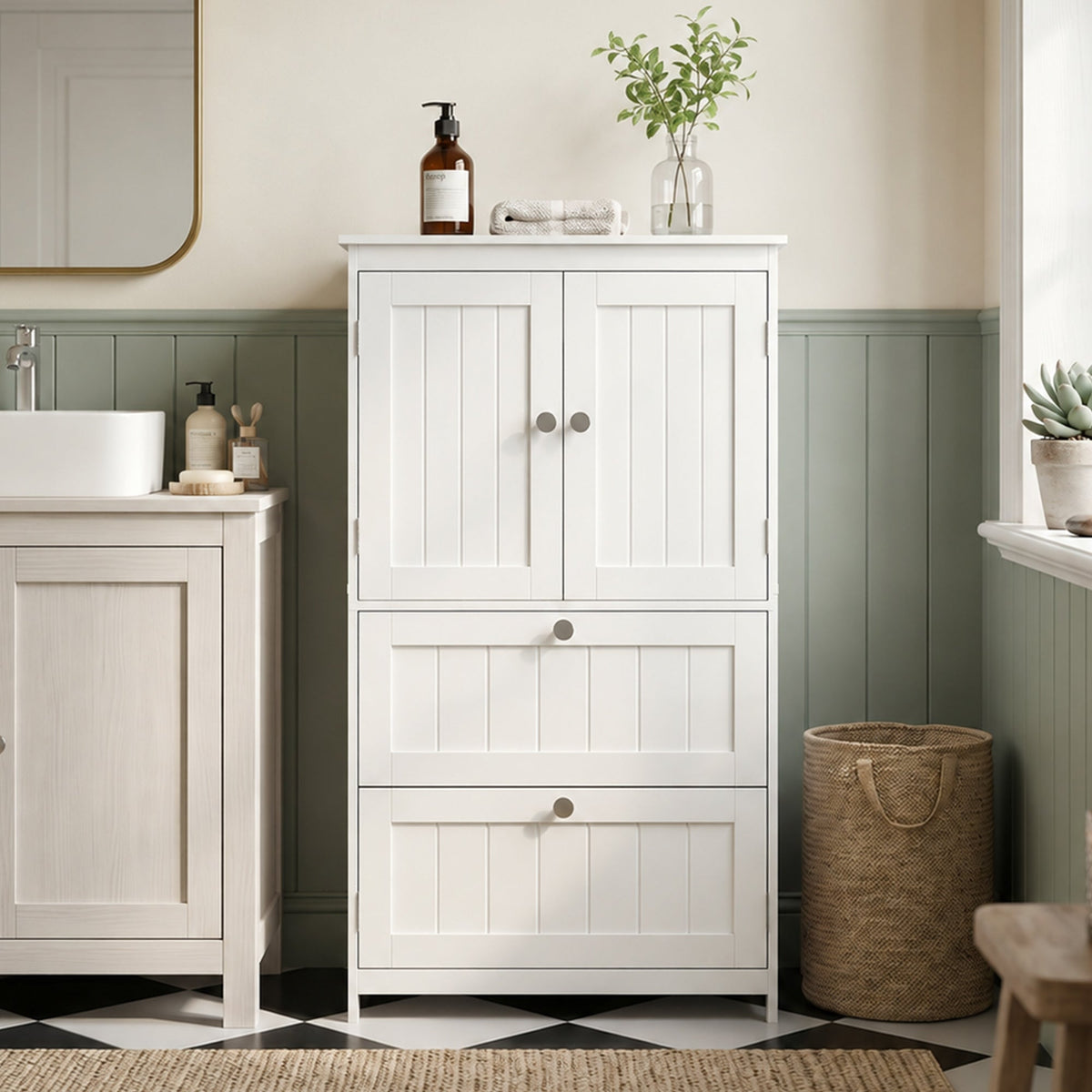 Bathroom Storage Cabinet, Narrow Bathroom Cabinet with 2 Drawers, Adjustable Shelf for Living Room, Entryway, White