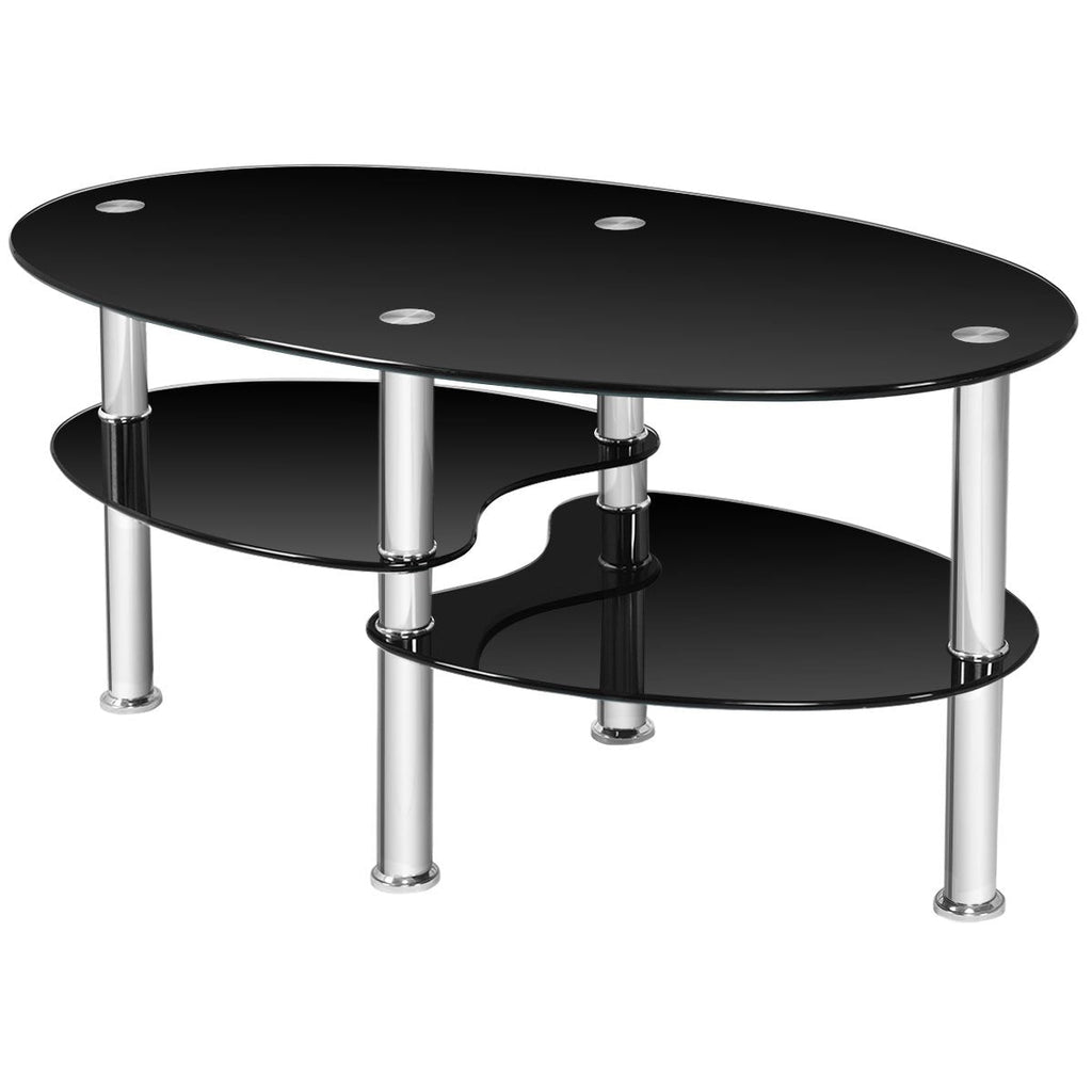 Oval Black Tempered Glass Coffee Table with 2 Lower Shelves and Chrome Legs
