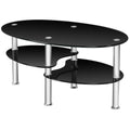 Oval Black Tempered Glass Coffee Table with 2 Lower Shelves and Chrome Legs