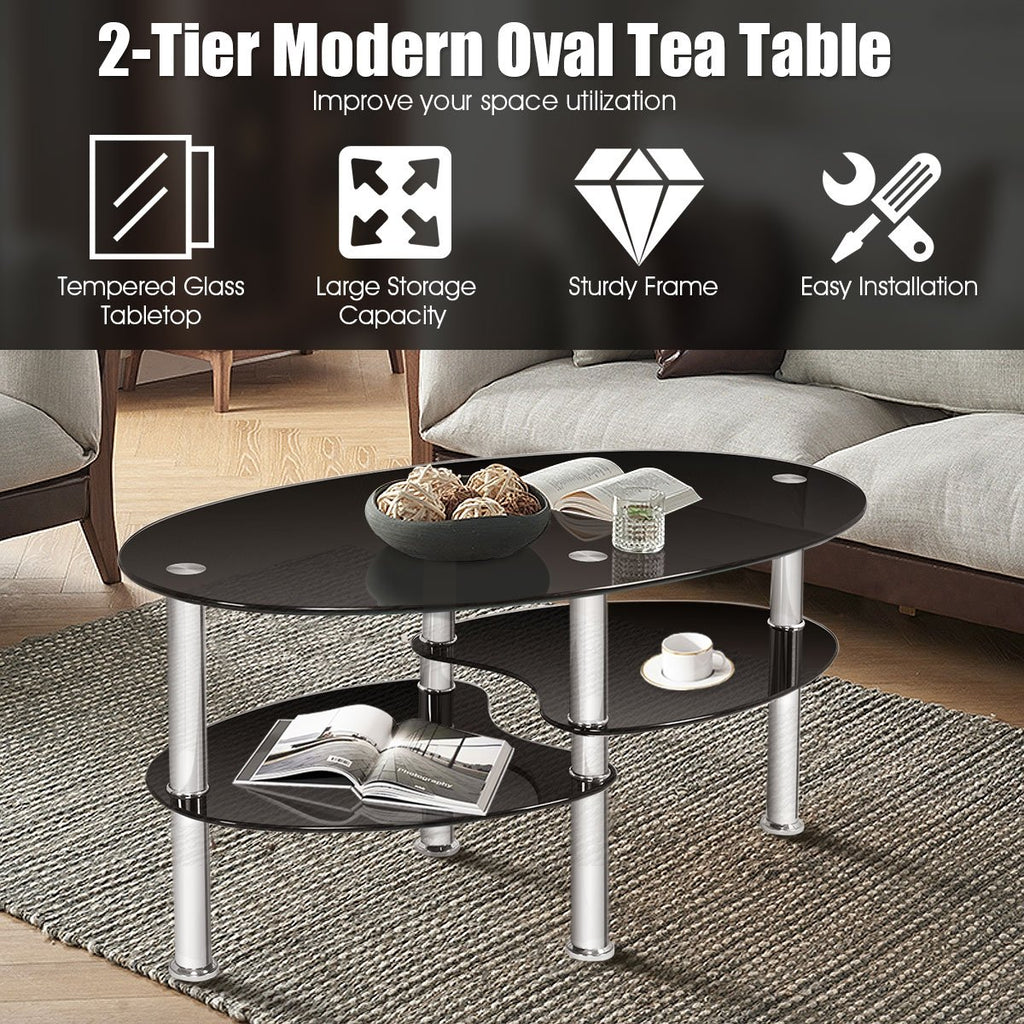 Oval Black Tempered Glass Coffee Table with 2 Lower Shelves and Chrome Legs