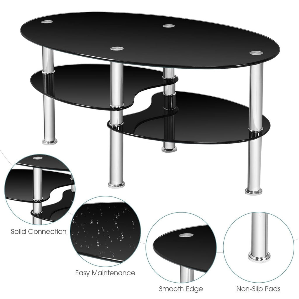 Oval Black Tempered Glass Coffee Table with 2 Lower Shelves and Chrome Legs