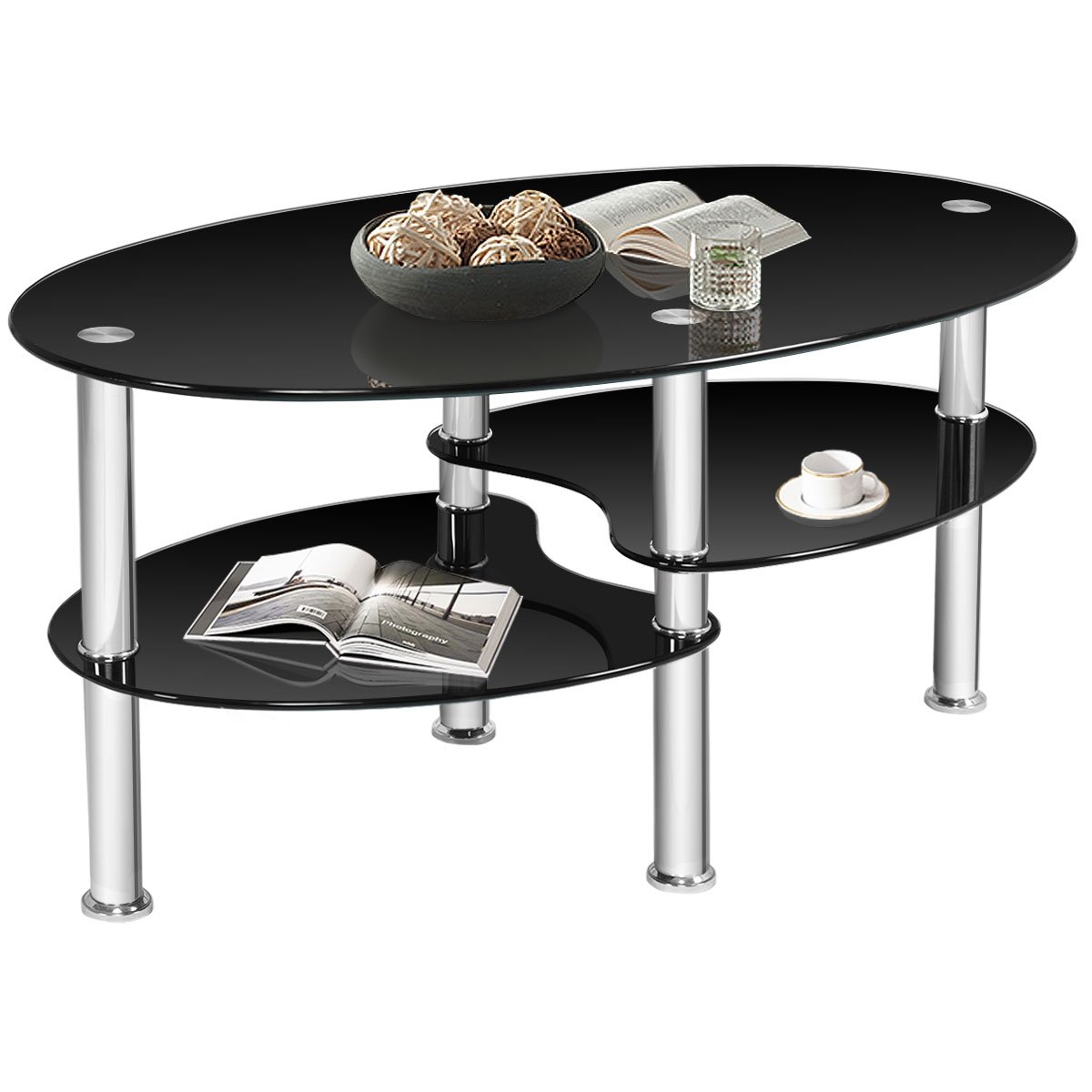 Oval Black Tempered Glass Coffee Table with 2 Lower Shelves and Chrome Legs
