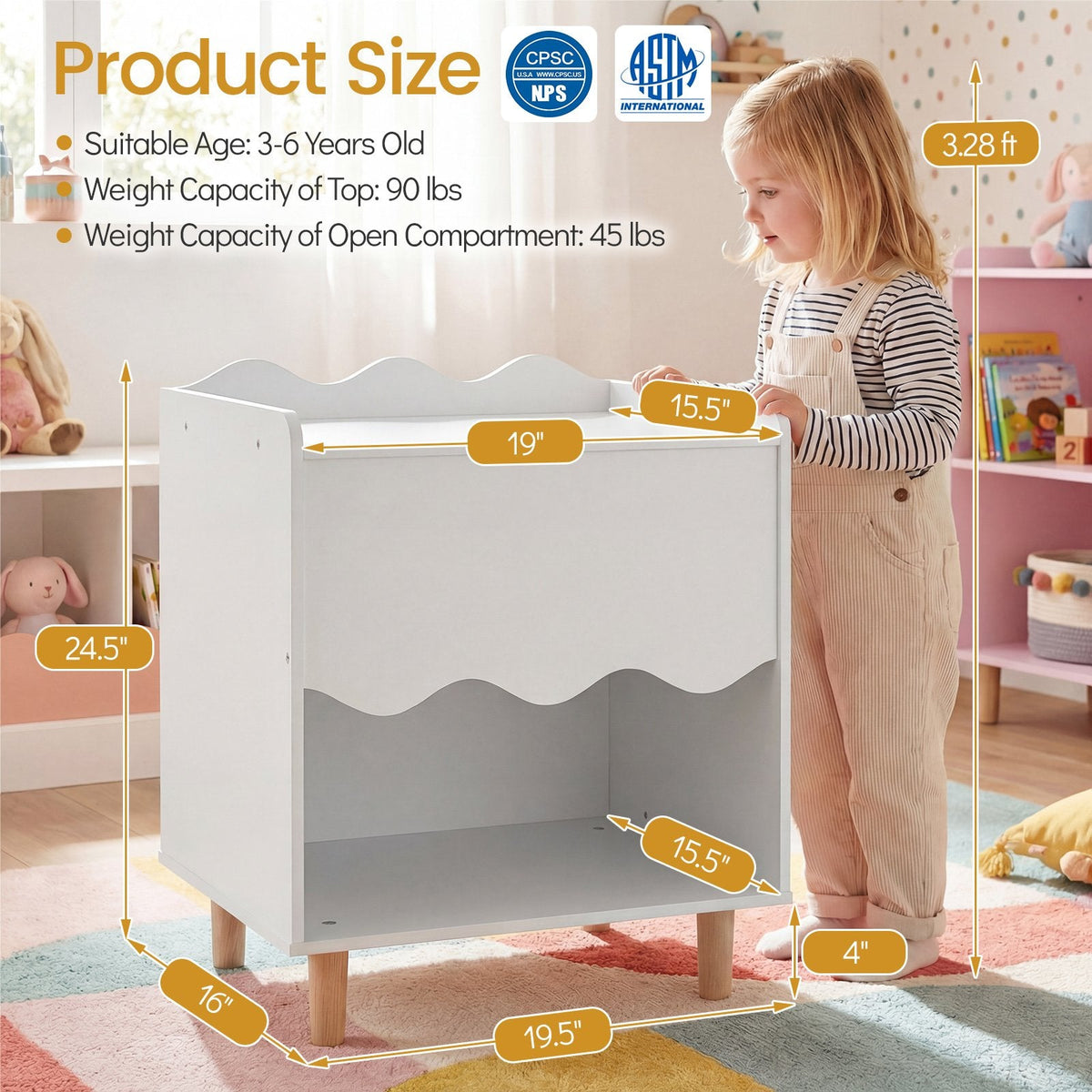 Toddler Scalloped Side Table with Wide Top & Open Compartment-White