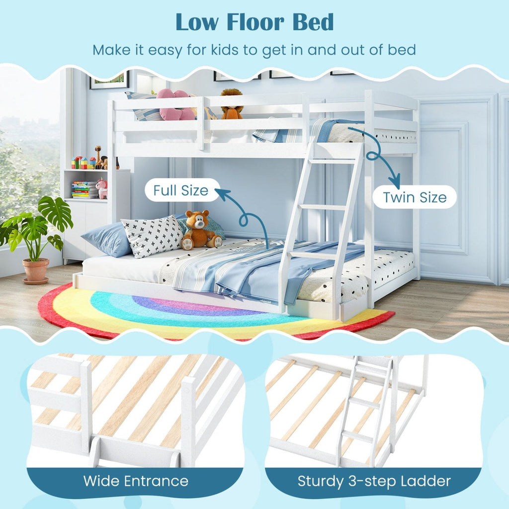 Twin Over Full Bunk Bed Low Floor Bunk Bed Frame-White