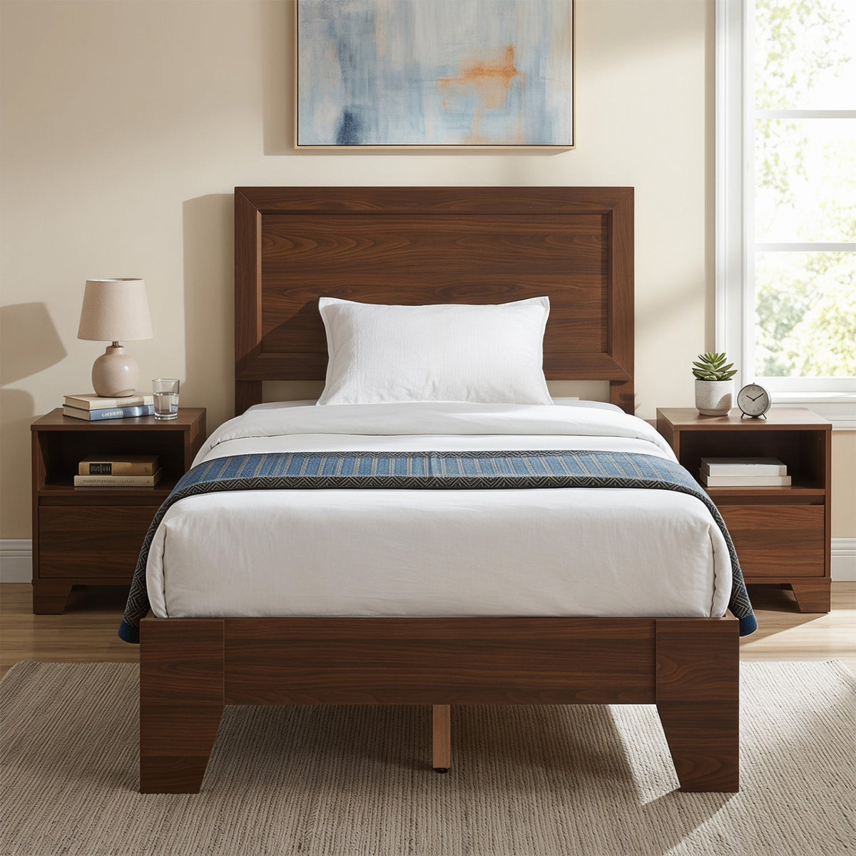 Twin Wood Platform Bed with Mid Century Headboard and 6 Inch Clearance, Walnut