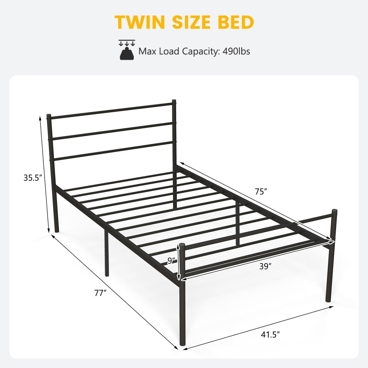 Twin Metal Platform Bed with Headboard and Footboard, 26 lb Frame, Black