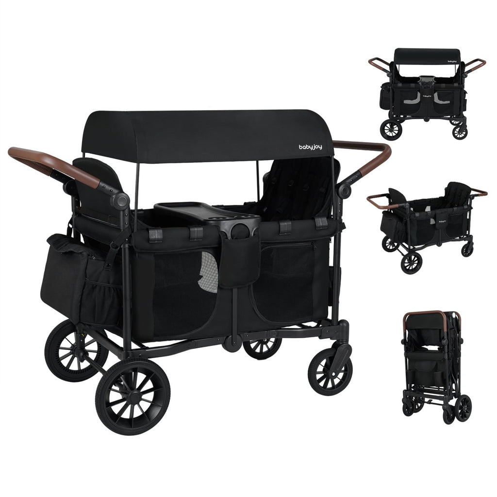 Wagon Stroller for 4 Kids Foldable 4-Seater Push-Pull Toddler Stroller-Black