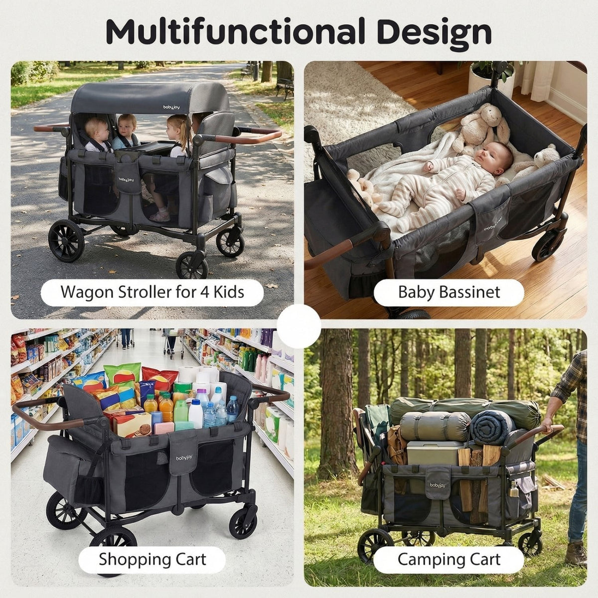 Wagon Stroller for 4 Kids Foldable 4-Seater Push-Pull Toddler Stroller-Gray