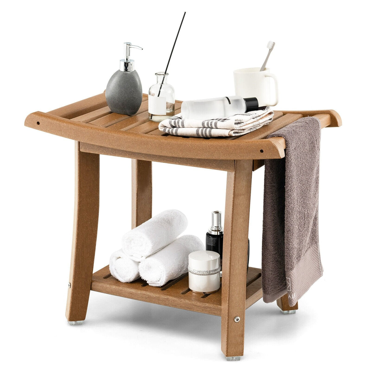 Waterproof Bath Stool with Curved Seat and Storage Shelf-Brown