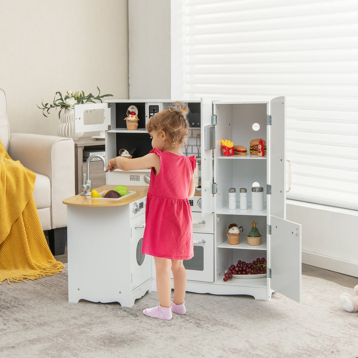 White Corner Play Kitchen for Kids with Side Fridge, Washing Machine and Steel Cookware