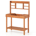 Wooden Potting Bench Table, 61 inches Garden Planting Workstation with 3-Tier Open Shelf-Brown