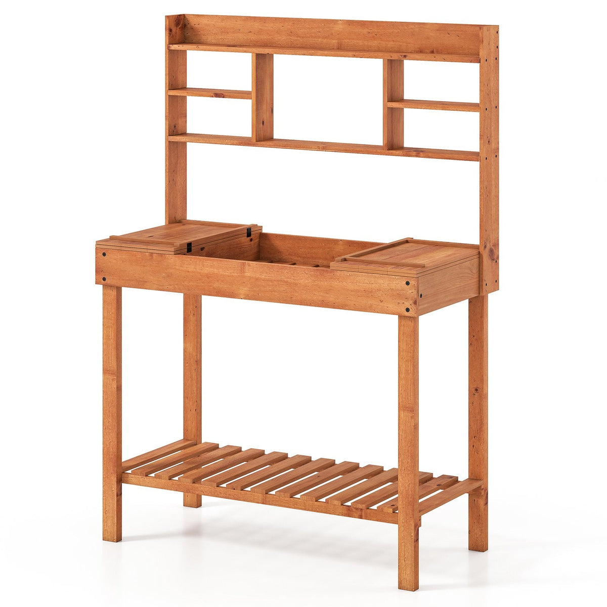 Wooden Potting Bench Table, 61 inches Garden Planting Workstation with 3-Tier Open Shelf-Brown