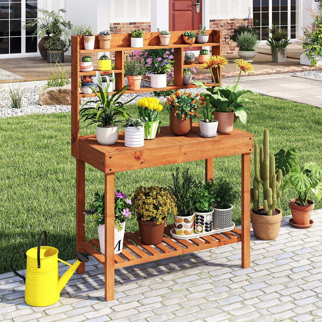 Wooden Potting Bench Table, 61 inches Garden Planting Workstation with 3-Tier Open Shelf-Brown