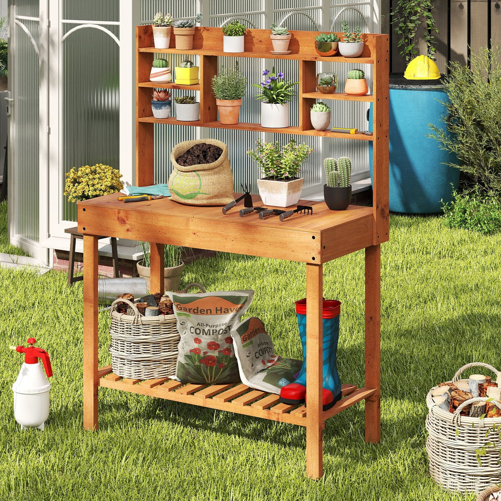 Wooden Potting Bench Table, 61 inches Garden Planting Workstation with 3-Tier Open Shelf-Brown