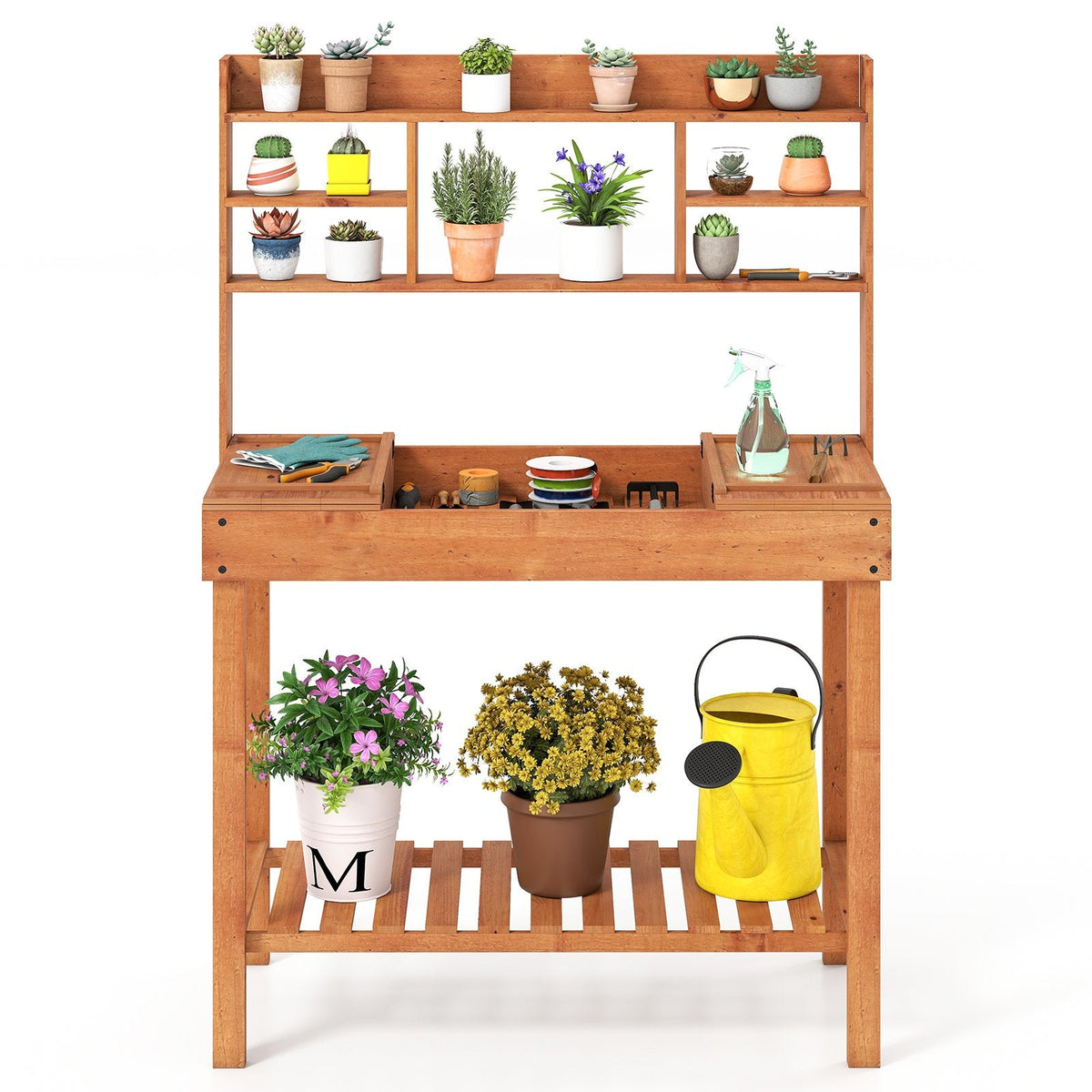 Wooden Potting Bench Table, 61 inches Garden Planting Workstation with 3-Tier Open Shelf-Brown