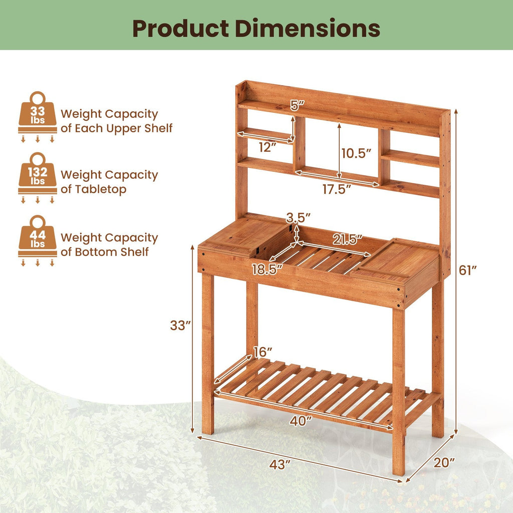 Wooden Potting Bench Table, 61 inches Garden Planting Workstation with 3-Tier Open Shelf-Brown
