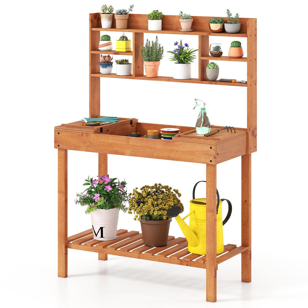 Wooden Potting Bench Table, 61 inches Garden Planting Workstation with 3-Tier Open Shelf-Brown