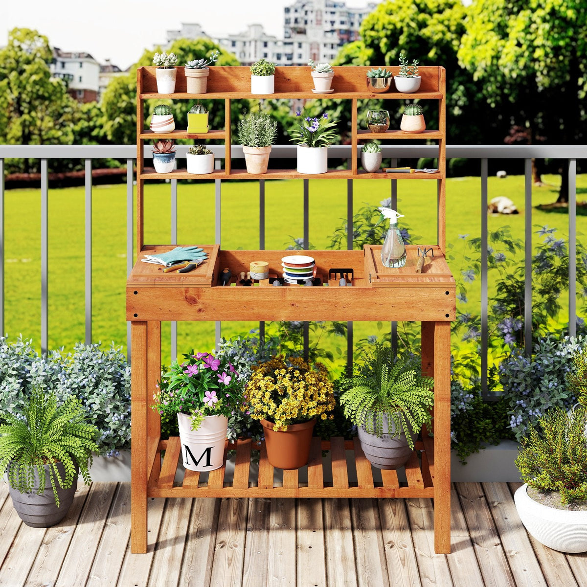 Wooden Potting Bench Table, 61 inches Garden Planting Workstation with 3-Tier Open Shelf-Brown