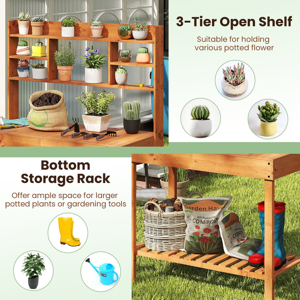 Wooden Potting Bench Table, 61 inches Garden Planting Workstation with 3-Tier Open Shelf-Brown