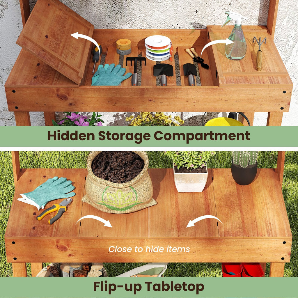 Wooden Potting Bench Table, 61 inches Garden Planting Workstation with 3-Tier Open Shelf-Brown